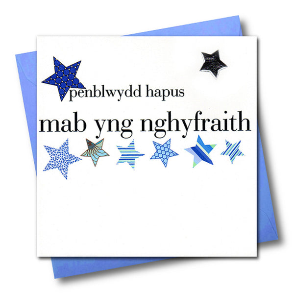 Welsh son-in-law Birthday Card, Penblwydd Hapus, padded star embellished