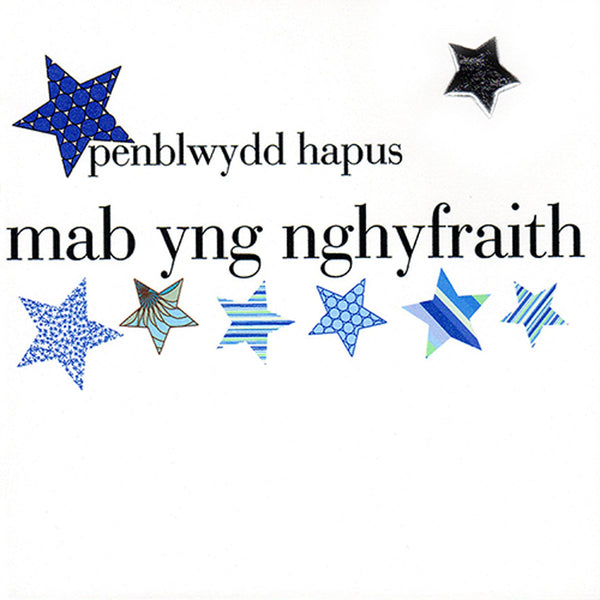 Welsh son-in-law Birthday Card, Penblwydd Hapus, padded star embellished