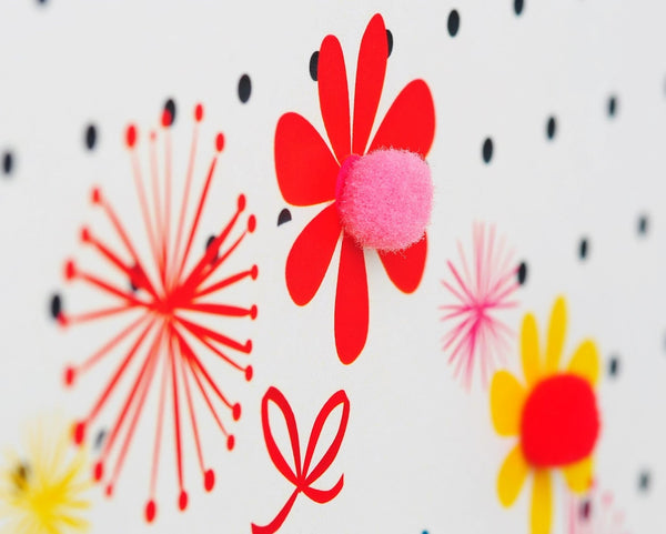 Brithday Card, Flowers and Dotty Background, Embellished with pompoms