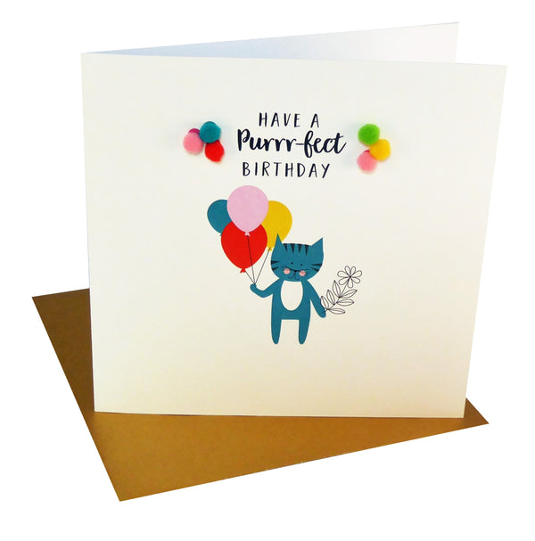 Everyday Card, Cat with Balloons, Purrr-fect Birthday, Embellished with pompoms