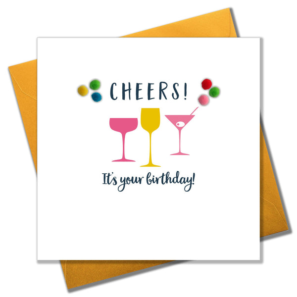 Everyday Card, Cocktail Glasses, Cheers! , Embellished with colourful pompoms