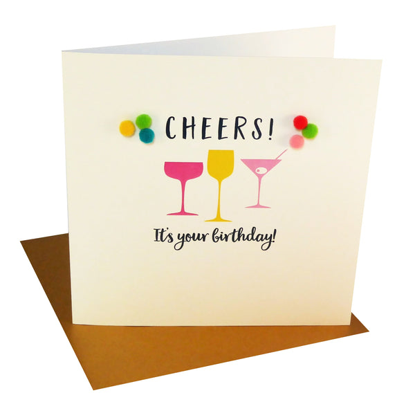 Everyday Card, Cocktail Glasses, Cheers! , Embellished with colourful pompoms