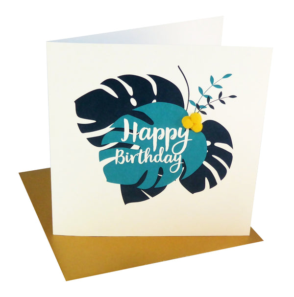 Everyday Card, Trapical Leaves, Happy Birthday , Embellished with pompoms