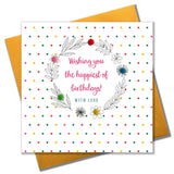 Brithday Card, Leaves and Dotty Background, Embellished with pompoms