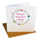Brithday Card, Leaves and Dotty Background, Embellished with pompoms