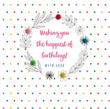 Brithday Card, Leaves and Dotty Background, Embellished with pompoms