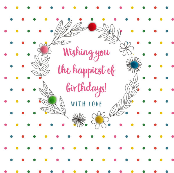 Brithday Card, Leaves and Dotty Background, Embellished with pompoms