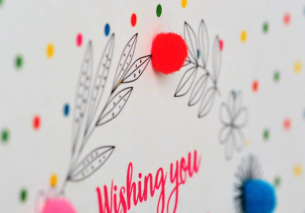 Brithday Card, Leaves and Dotty Background, Embellished with pompoms