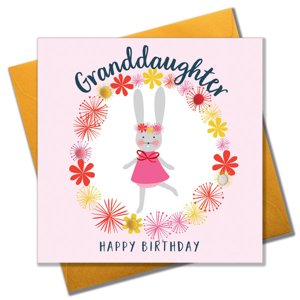 Birthday Card, Flowers, Granddaughter, Happy Birthday, Embellished with pompoms