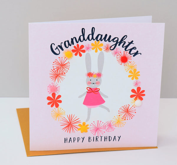 Birthday Card, Flowers, Granddaughter, Happy Birthday, Embellished with pompoms