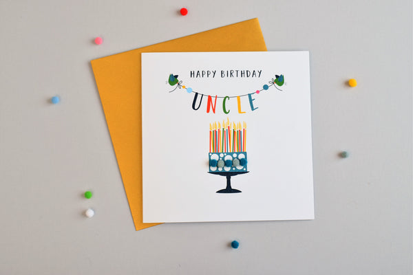 Birthday Card, Cake, Happy Birthday, Uncle, Embellished with colourful pompoms