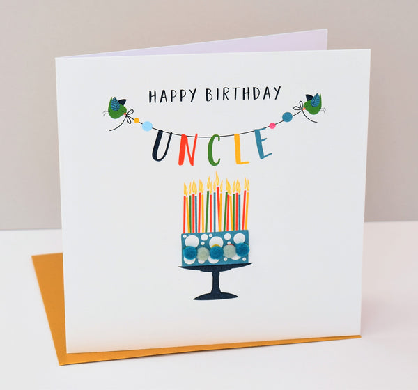 Birthday Card, Cake, Happy Birthday, Uncle, Embellished with colourful pompoms