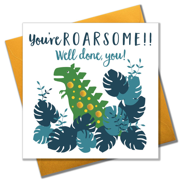 Congratulations Well Done Card, Dinosaur, Embellished with pompoms