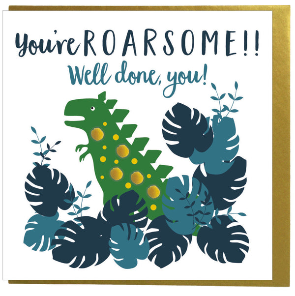 Congratulations Well Done Card, Dinosaur, Embellished with pompoms