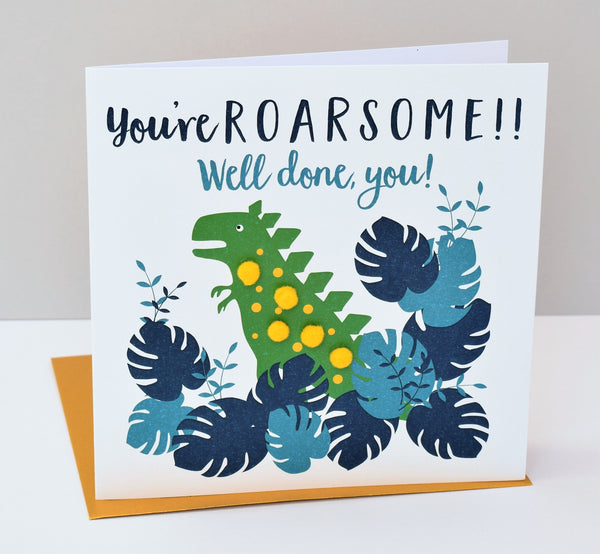 Congratulations Well Done Card, Dinosaur, Embellished with pompoms