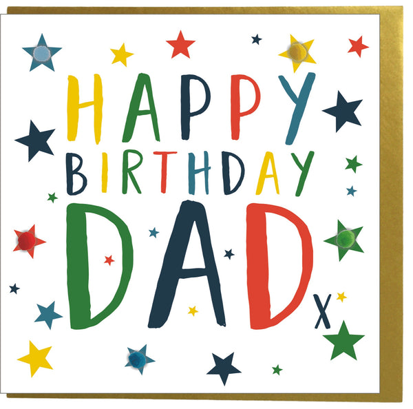 Birthday Card, Colour Stars, Happy Birthday, Dad, Embellished with pompoms