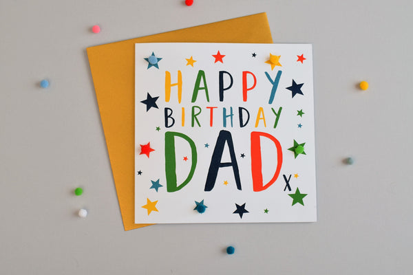 Birthday Card, Colour Stars, Happy Birthday, Dad, Embellished with pompoms