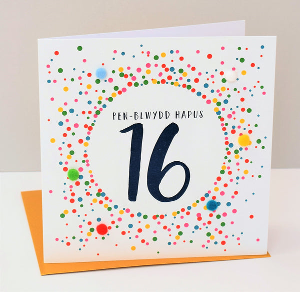 Welsh 16th Birthday Card, Penblwydd Hapus, Dotty 16, Pompom Embellished