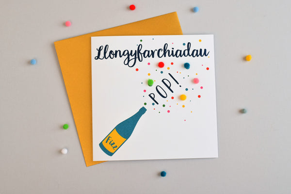 Welsh Congratulations Card, Pop, Fizz, Pompom Embellished