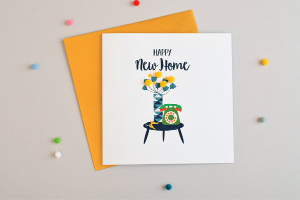 New Home Card, Flowers & Phone, New Home, Embellished with colourful pompoms