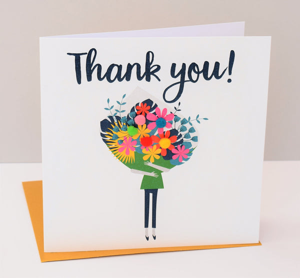 Thank You Card, Flowers Bouquet, Thank You, Embellished with colourful pompoms