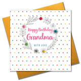 Birthday Card, Dots and flowers, Grandma, with Love, Embellished with pompoms