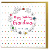 Birthday Card, Dots and flowers, Grandma, with Love, Embellished with pompoms