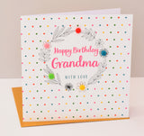 Birthday Card, Dots and flowers, Grandma, with Love, Embellished with pompoms