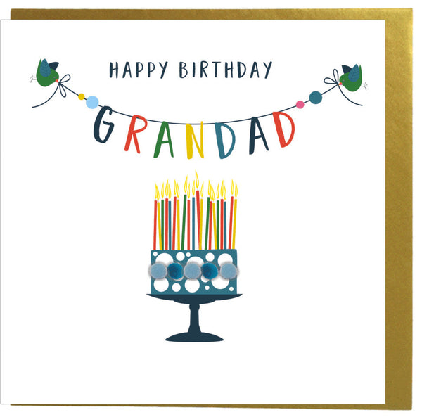 Birthday Card, Cake, Happy Birthday, Grandad, Embellished with colourful pompoms