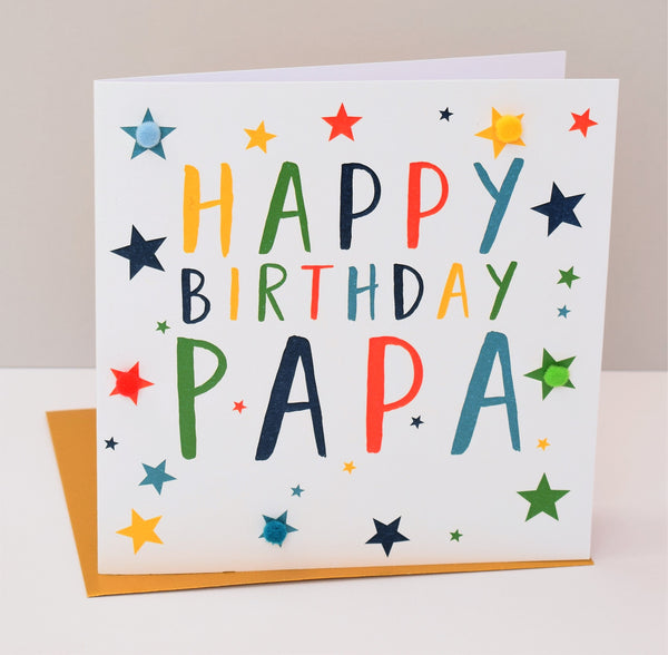 Birthday Card, Stars, Happy Birthday, Papa, Embellished with colourful pompoms