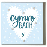 Welsh Baby Card, Blue Heart, Baby Boy, Embellished with colourful pompoms