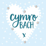 Welsh Baby Card, Blue Heart, Baby Boy, Embellished with colourful pompoms