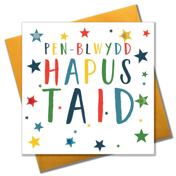 Welsh Grandad Birthday Card, Penblwydd Hapus Taid, Stars, Pompom Embellished