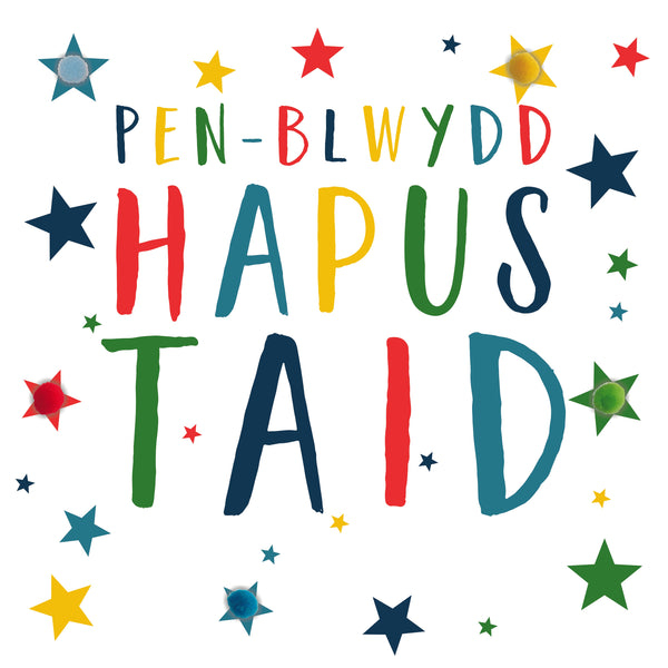 Welsh Grandad Birthday Card, Penblwydd Hapus Taid, Stars, Pompom Embellished