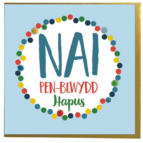 Welsh Nephew Birthday Card, Penblwydd Hapus Nai, Dotty, Pompom Embellished