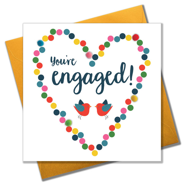 Wedding Card, Dotty Heart, Engagement, Embellished with colourful pompoms