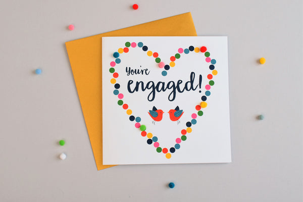 Wedding Card, Dotty Heart, Engagement, Embellished with colourful pompoms