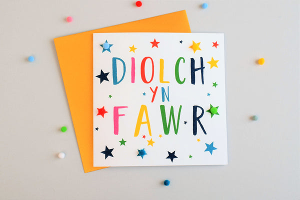 Welsh Thank you Card, Stars, Thank You, Embellished with colourful pompoms