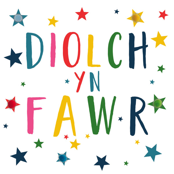 Welsh Thank you Card, Stars, Thank You, Embellished with colourful pompoms