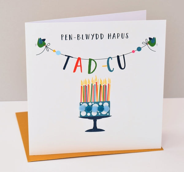 Welsh Grandad Birthday Card, Penblwydd Hapus Tad-cu, Cake, Pompom Embellished