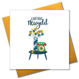 Welsh New Home Luck Card, Flowers & Phone, Congratulations, Pompom Embellished