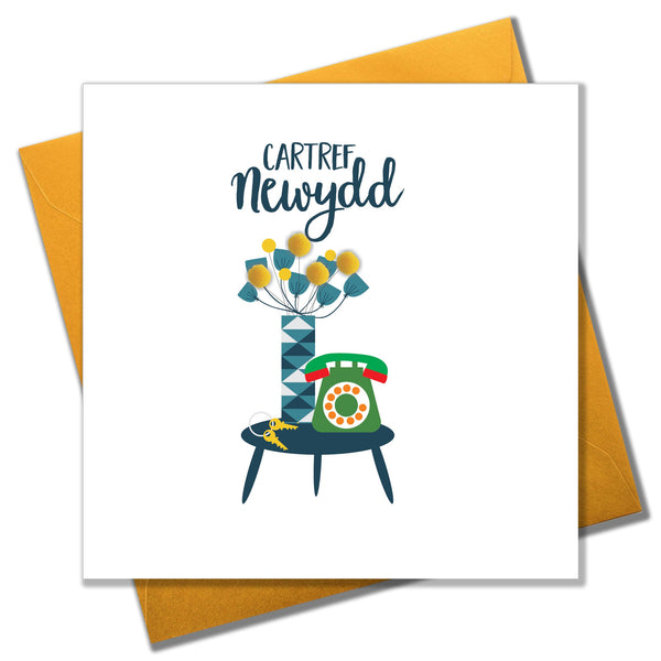 Welsh New Home Luck Card, Flowers & Phone, Congratulations, Pompom Embellished