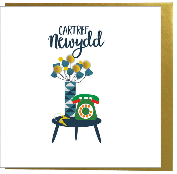 Welsh New Home Luck Card, Flowers & Phone, Congratulations, Pompom Embellished