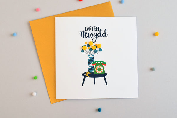 Welsh New Home Luck Card, Flowers & Phone, Congratulations, Pompom Embellished