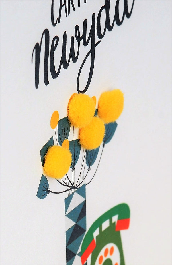 Welsh New Home Luck Card, Flowers & Phone, Congratulations, Pompom Embellished