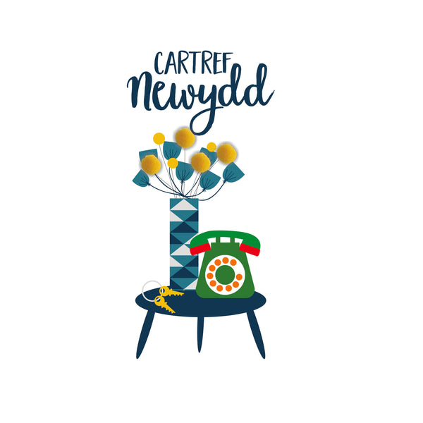 Welsh New Home Luck Card, Flowers & Phone, Congratulations, Pompom Embellished