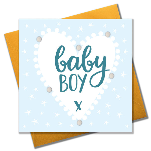 Baby Card, Blue Heart, Baby Boy, Embellished with colourful pompoms