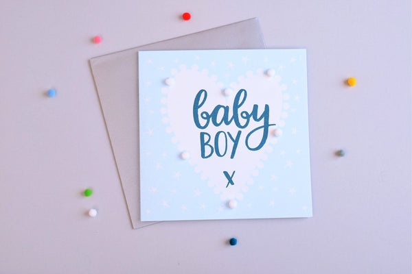 Baby Card, Blue Heart, Baby Boy, Embellished with colourful pompoms