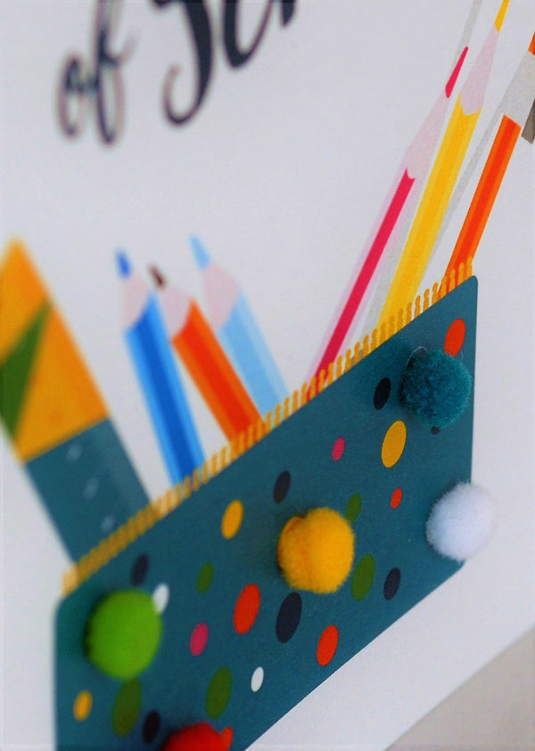 Good Luck Card, Pencil case, First Day of School, Embellished with pompoms