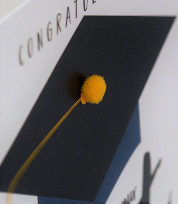 Congratulations on Frist class Degree Card, Mortar Hat, Embellished with pompoms